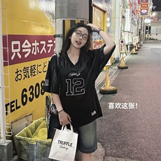 2025美式V领数字印花网面球衣宽松休闲运动短袖T恤女夏潮牌上衣，男装T恤，星座506A