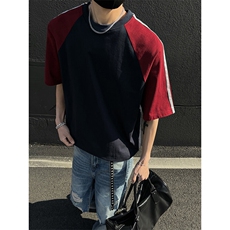 抖音得物二开品质240克宽松纯棉美式高街撞色织带短袖T恤YQ39，男装T恤，电商A486-1