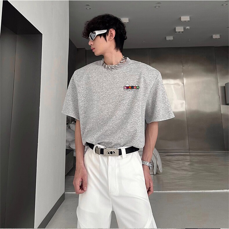 抖音得物供货210克现货宽松纯棉美式潮牌印花落肩袖纯棉T恤AT2164,男装T恤,电商A443