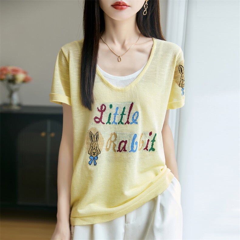 夏季新款14针竹节麻假两件兔子短袖女修身显瘦百搭时尚休闲上衣,女装T恤,贵皇网供仓