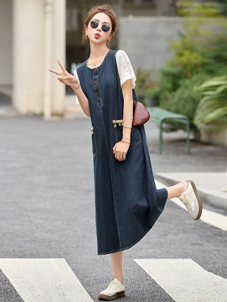 拉夏贝尔时尚休闲套装女2025年夏季新款镂空T恤牛仔连衣裙两件套,商品下架区,韩然一族