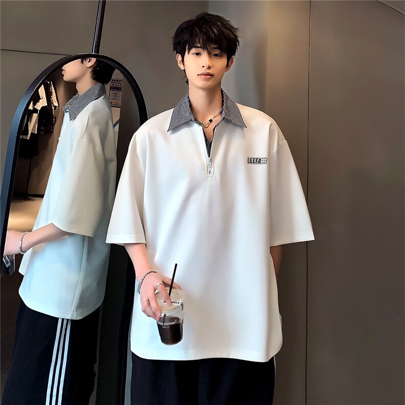 假两件衬衫领polo衫男夏季格纹撞色半袖半拉链hiphop短袖T恤上衣,男装Polo衫,电商C307