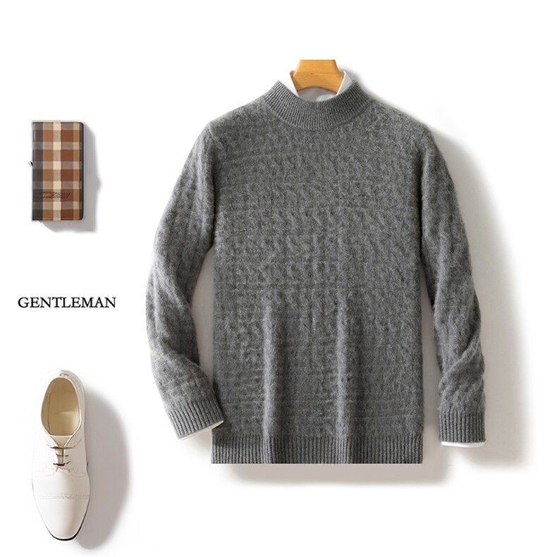 秋冬麻花半高圆领100%纯羊毛衫男加厚毛衣休闲宽松羊绒针织打底衫，男装羊毛衫，邓利维