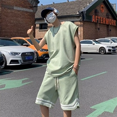 潮流新款夏季五分裤简约日系休闲套装男无袖ins背心慵懒W4831-P56，男装休闲套装，星座412-2
