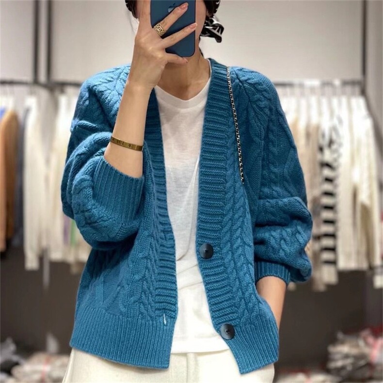 气质简约百搭休闲秋冬新款女针织两扣开衫长袖,针织衫/毛衣,悦玛羊绒