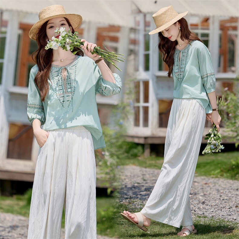 新中式刺绣国风套装女2025夏季新款洋气休闲棉麻上衣阔腿裤两件套，女装套装/套裙，依路服饰