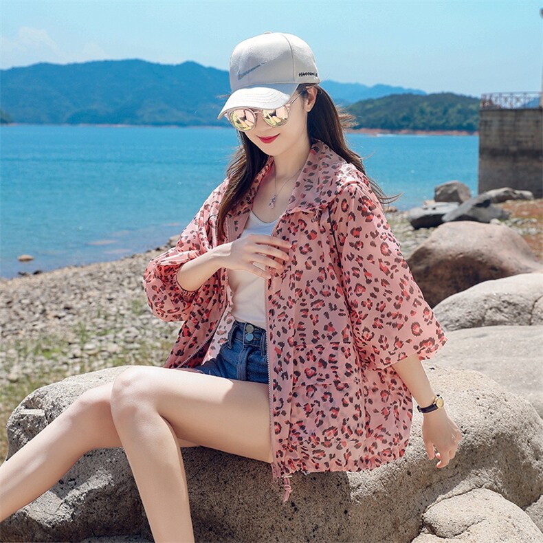 豹纹防晒衣薄款长袖短外套女春夏2022新款宽松百搭韩版洋气ins潮,女装防晒衣,可可小西
