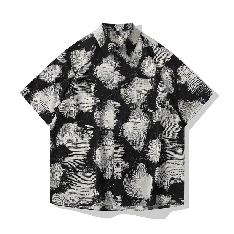 B413-1-DS106特批30文艺复古冰丝短袖花衬衫夏季男士薄款宽松衬衣图片