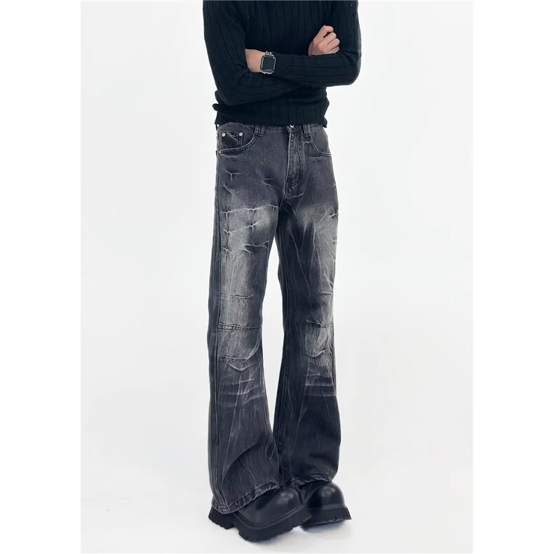 K140-P52美式复古水洗做旧设计感闪电裂纹高街宽松微喇牛仔长裤，男装休闲裤，电商B323A