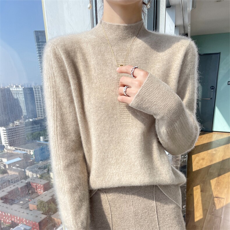 25秋冬新款加厚100%纯羊毛衫女半高领坑条毛衣宽松羊绒针织打底衫,女装羊毛衫,宇灿羊绒