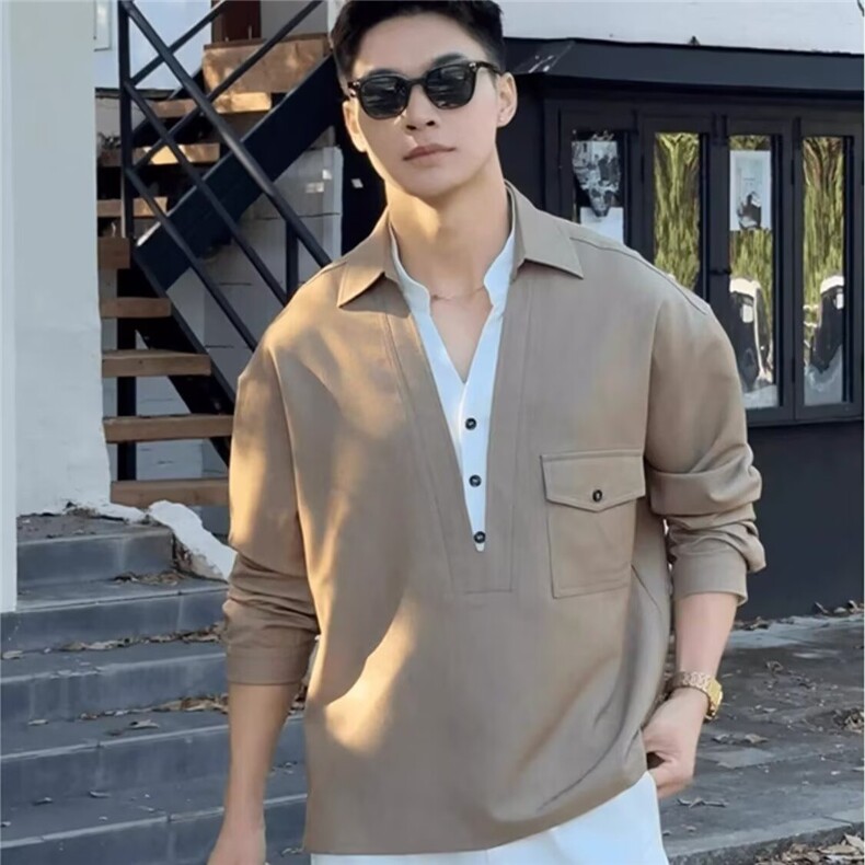 复古老钱风V领假两件衬衫外套男上衣高级感长袖衬衣HH2509P39,男装衬衫,星座1112-1