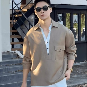 复古老钱风V领假两件衬衫外套男上衣高级感长袖衬衣HH2509P39