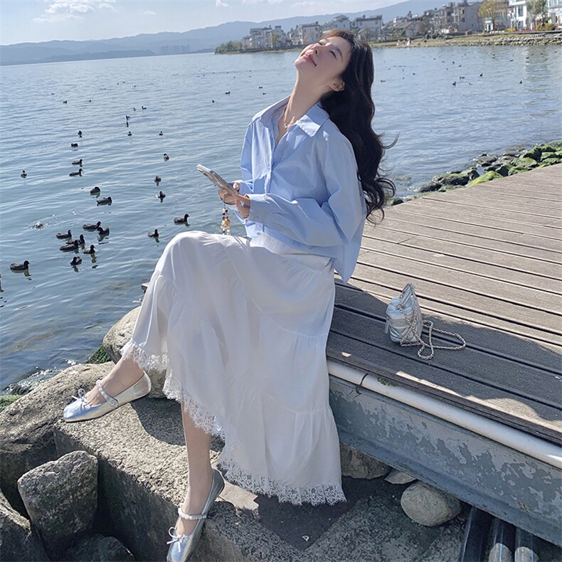 高级小众穿搭韩系chic蓝色衬衫套装女初春秋超火好看半身裙两件套,女装套装/套裙,2C088