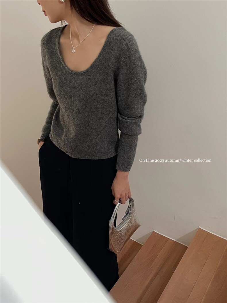 秋冬U领纯色长袖内搭毛衣女宽松显瘦针织打底套衫,针织衫/毛衣,半城羊绒