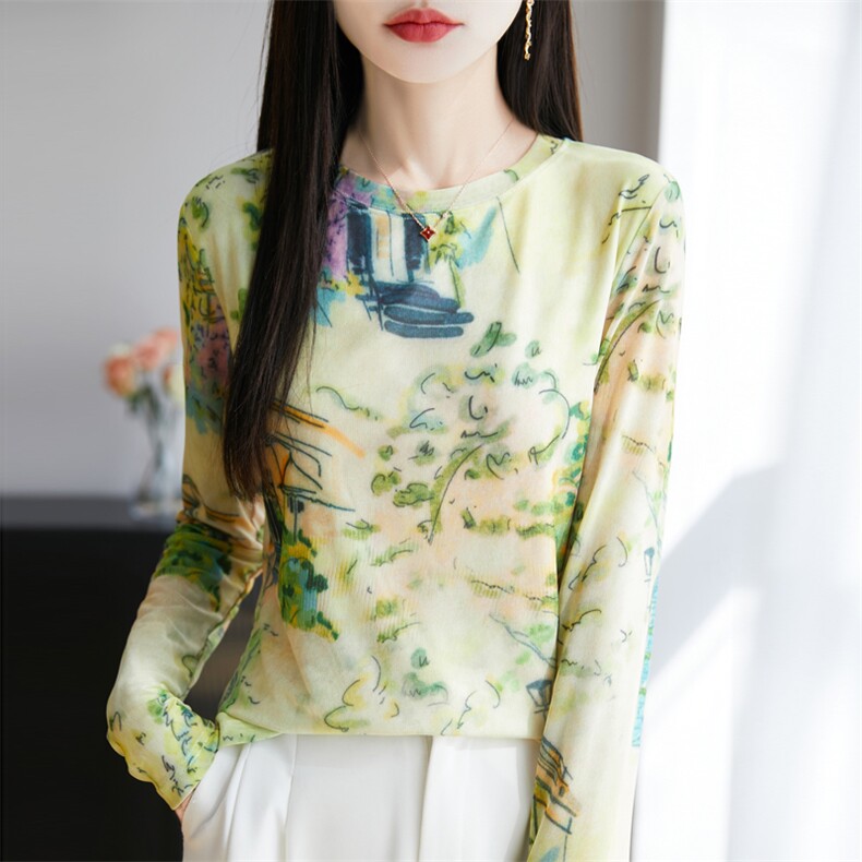 25春夏网纱拼接天丝长袖上衣女圆领印花打底衫宽松显瘦防晒衫T恤,女装T恤,大美人高端店