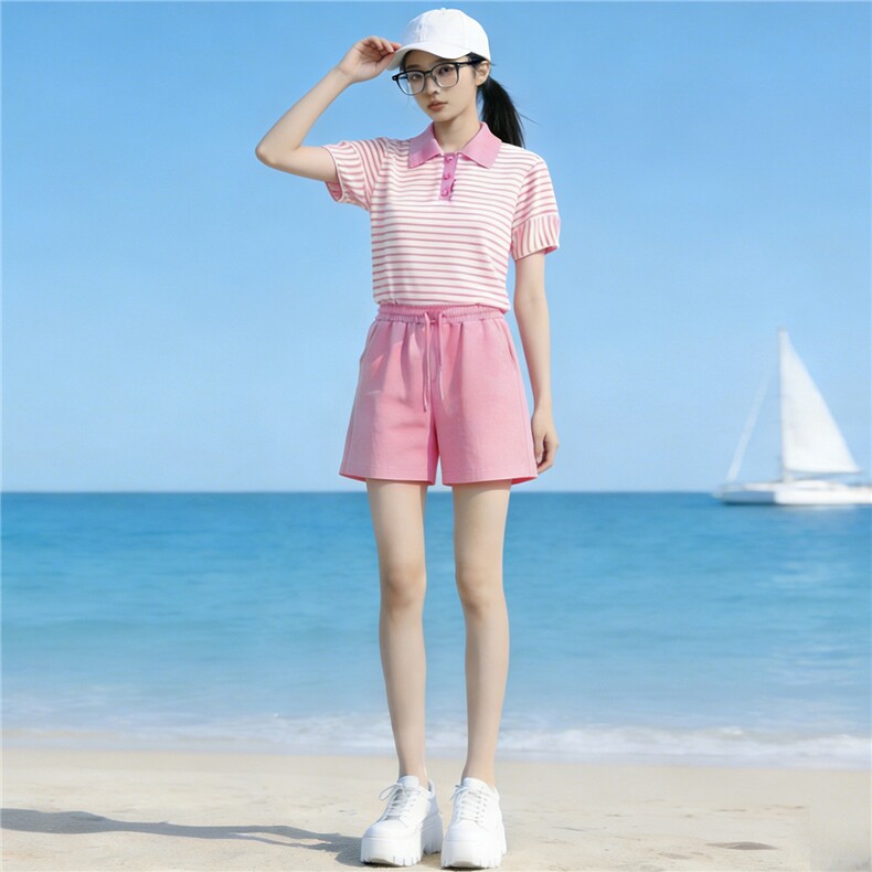 韩版运动休闲套装女夏季新款时髦减龄条纹Polo领上衣阔腿裤两件套,女装套装/套裙,江南