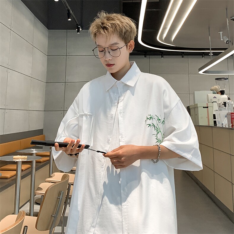 中式复古竹子印花竹节棉垂感短袖袖衬衫CS2411特p42控78抖音控89,男装衬衫,电商B370