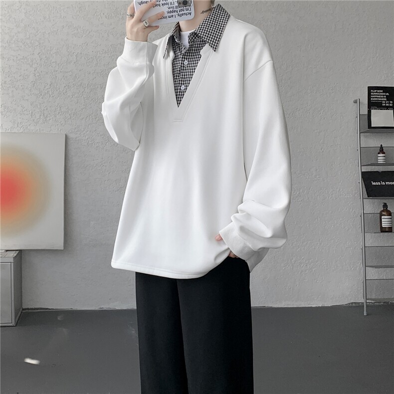 M-8XL假两件格子拼接衬衫领卫衣特大码重磅长袖V领上衣WY5112/P55,男装衬衫,电商B238