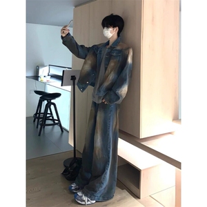 美式短款牛仔外套男高级感痞帅设计感水洗做旧脏染垫肩牛仔衣夹克图片