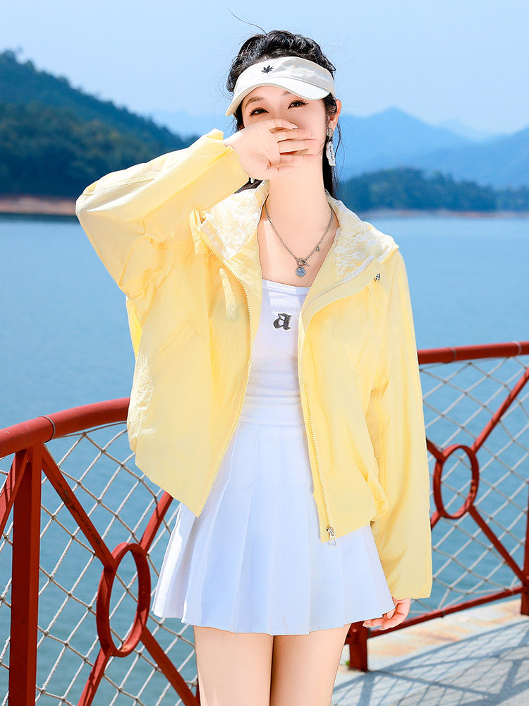 新面料内里蕾丝防晒衣女短款2025夏季新款宽松透气防晒服连帽上衣,女装防晒衣,可可小西