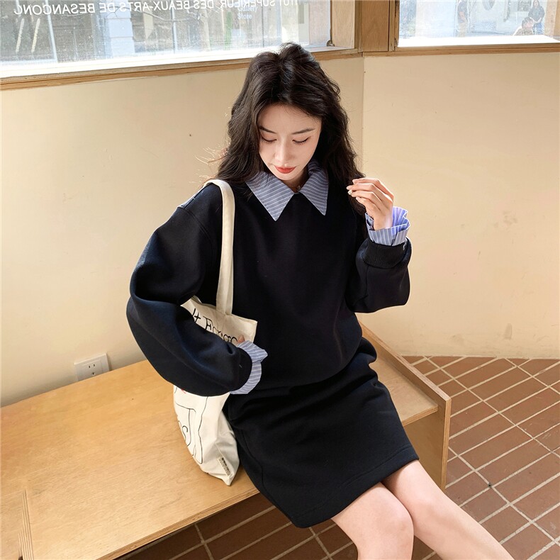 新款拼接POLO领假两件卫衣加绒加厚半身裙两件套女装,女装套装/套裙,2B142
