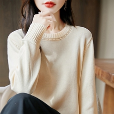 100%纯棉针织衫长袖毛衣女圆领纯色加厚棉麻上衣宽松百搭休闲打底，女装针织衫/毛衣，长今羊
