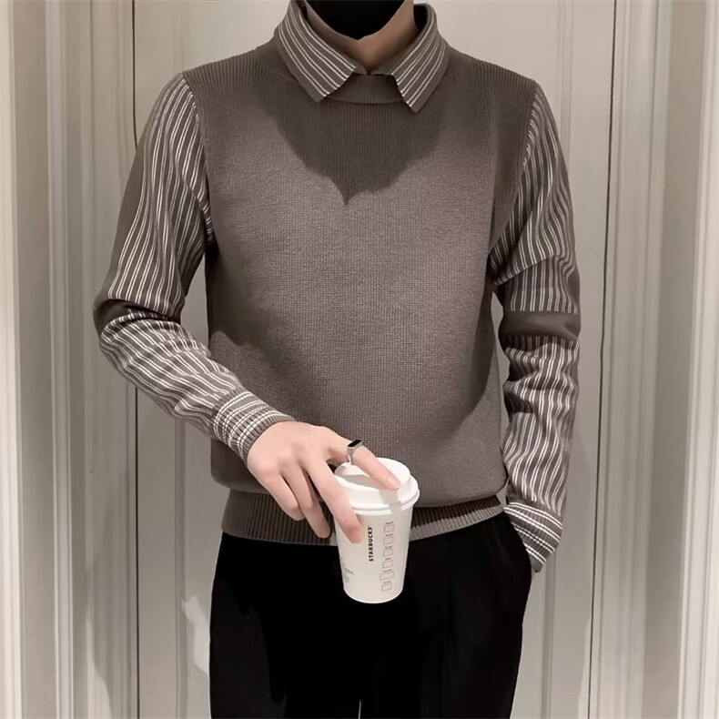 慵懒风假两件毛衣男士衬衫领春秋季网红设计感小众S552-P50,男装针织衫/毛衣,星座1109-3