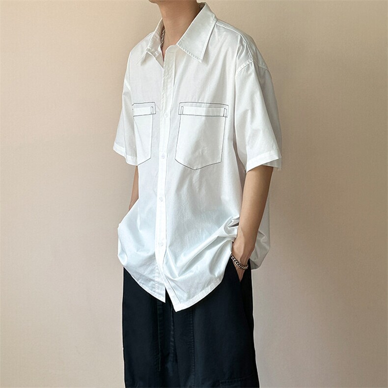 现货-夏季线条衬衫男宽松青少年时尚潮牌短袖衬衣-AC23005-P50，男装T恤，电商A351