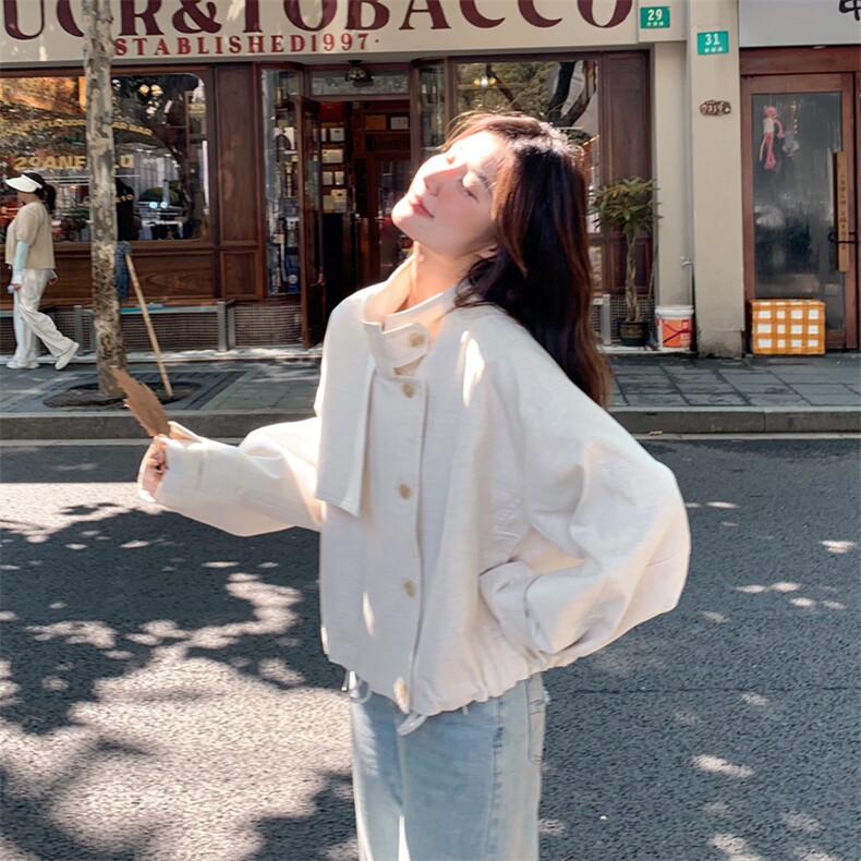 米白色立领皮衣外套女早秋2025年新款韩系小个子时尚休闲短款夹克,女装短外套,1C078