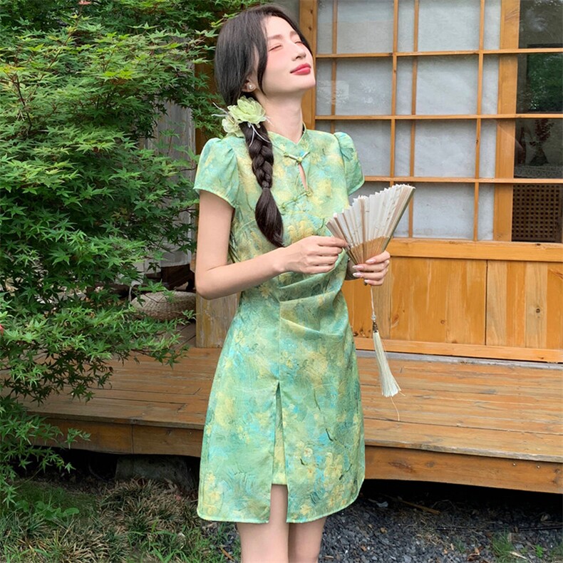 新中式g风改良旗袍套装女2026夏季新款洋气修身印花短裤两件套,女装套装/套裙,超帛