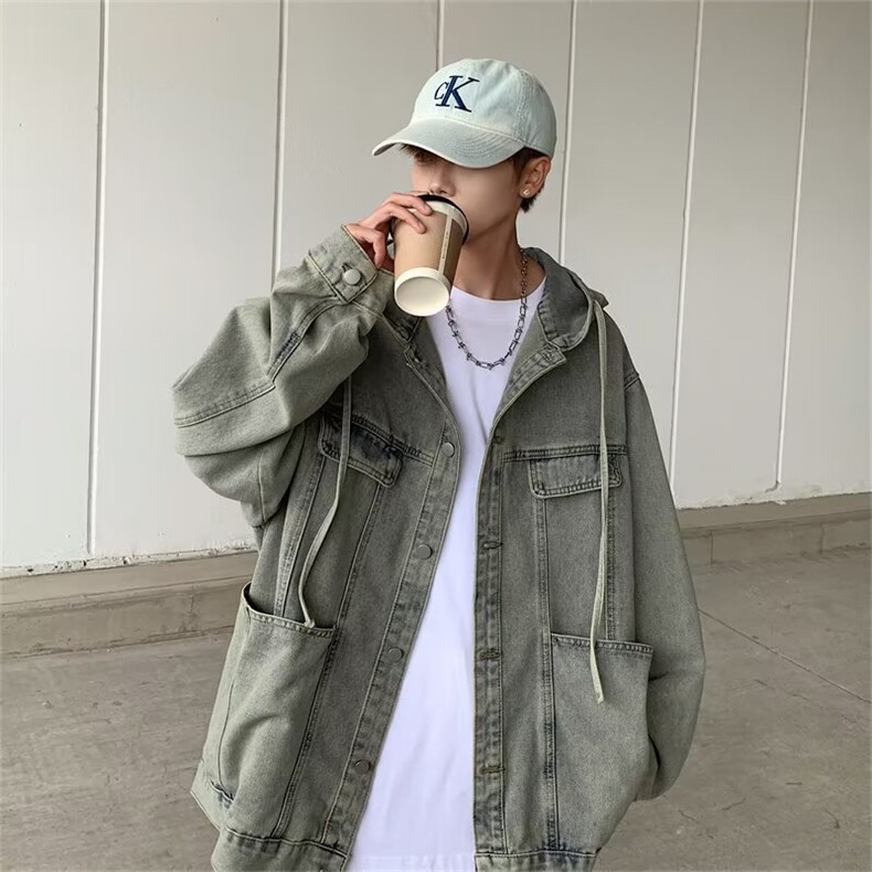 美式复古立体多口袋做旧牛仔外套连帽渐变宽松夹克上衣N1226/P68,男装夹克,星座506