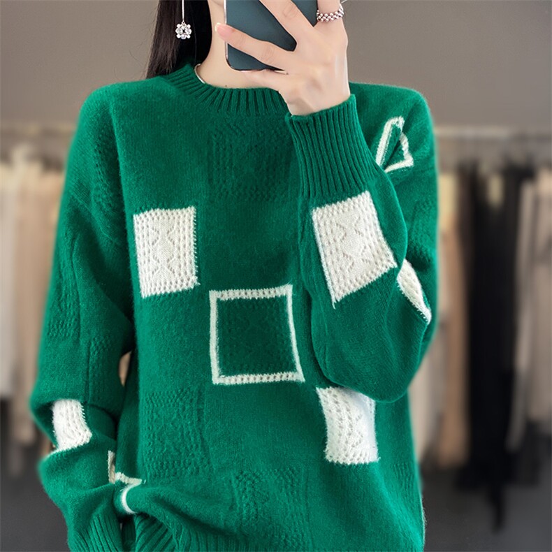 圆领拼色100%纯羊毛衫女镂空提花长袖针织毛衣宽松羊绒打底衫上衣，女装羊毛衫，德晨羊绒