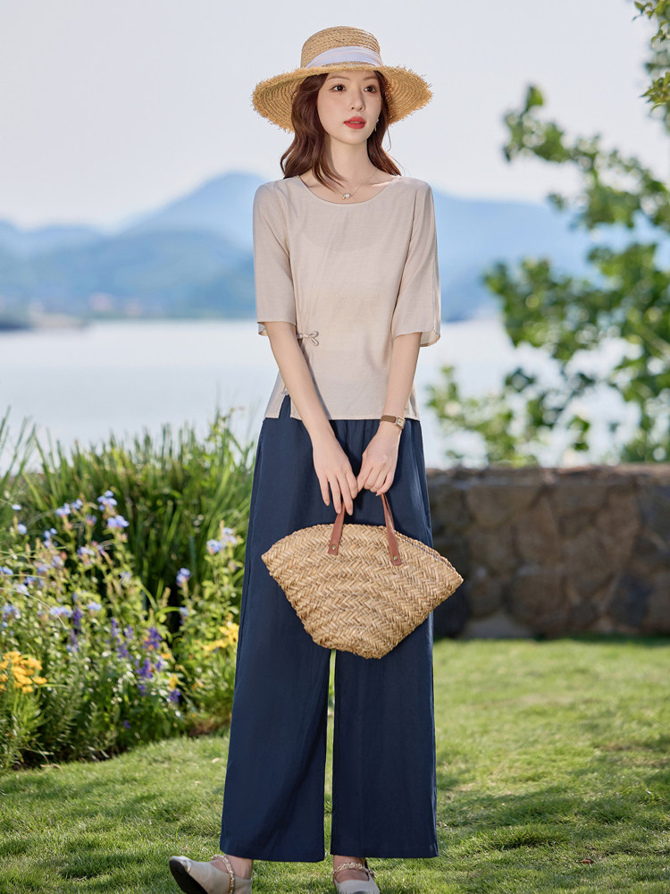 松弛感休闲棉麻套装女2025夏季盘扣设计收腰显瘦衬衫阔腿裤两件套,女装套装/套裙,凝聚力