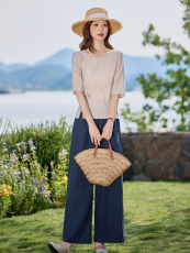 松弛感休闲棉麻套装女2025夏季盘扣设计收腰显瘦衬衫阔腿裤两件套，女装套装/套裙，凝聚力
