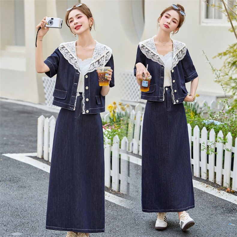 2025夏季水洗牛仔拼接蕾丝休闲潮两件套裙减龄今年流行的女装套装,女装套装/套裙,艾仟回(原伊仟回)