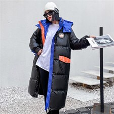 2022年冬季新款过膝撞色连帽韩版长款时尚洋气白鸭绒羽绒服图片