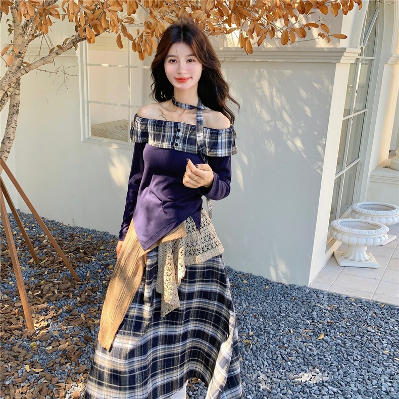 休闲减龄穿搭藏蓝色T恤套装女春秋超火好看高级感格子长裙两件套,女装套装/套裙,2C133