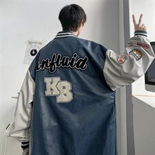 2035-P85港风春秋新款夹克男字母刺绣港风棒球服宽松休闲PU皮外套，男装夹克，星座1109-2