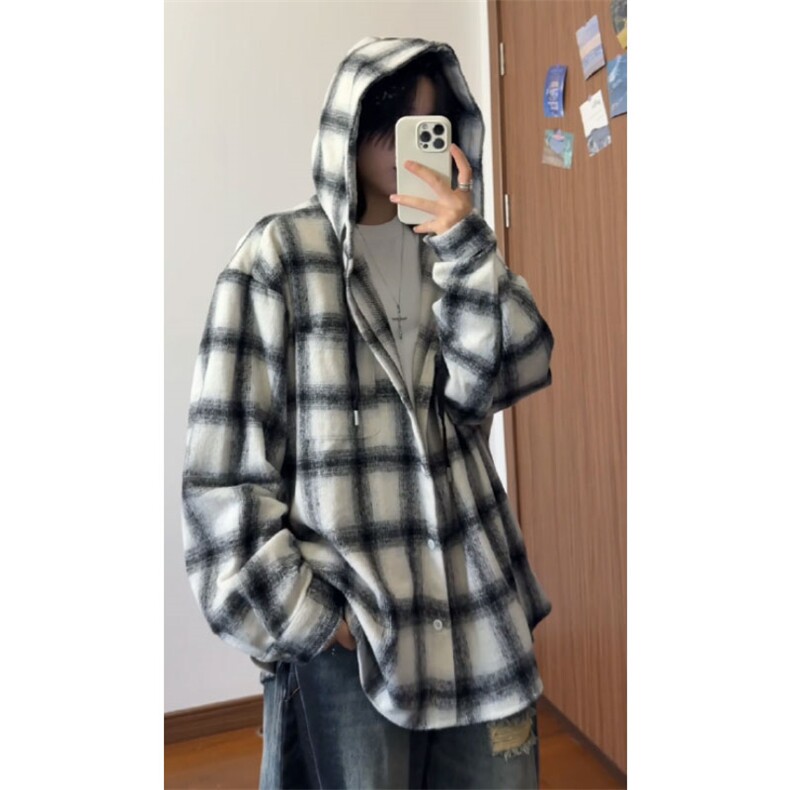 特批45数据款港风连帽格子衬衫宽松外套男女百搭格子外套CS2399，男装衬衫，电商A128