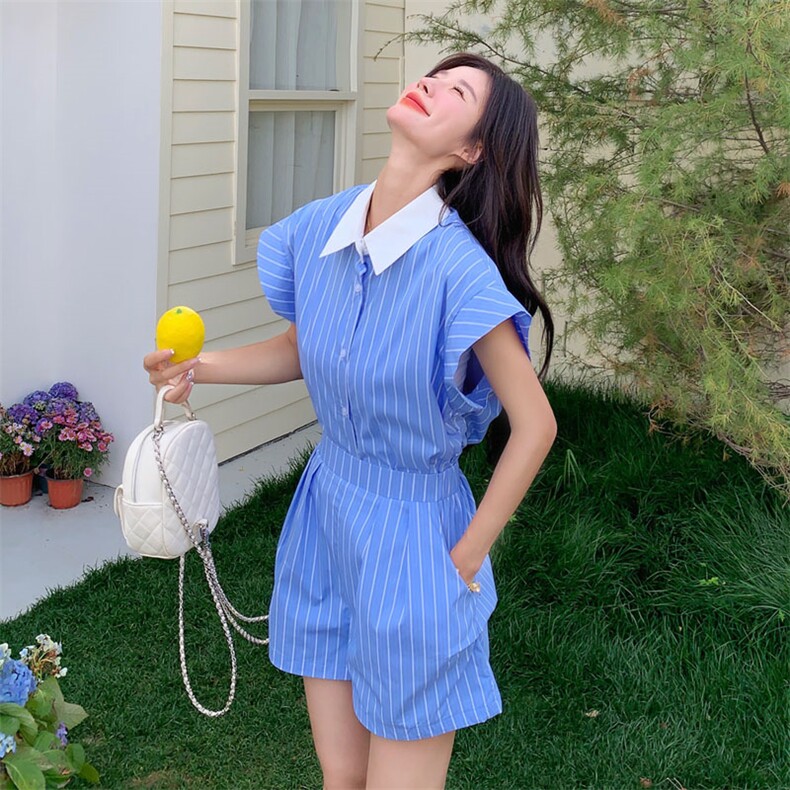 蓝色条纹时尚套装女夏季新款韩版宽松休闲衬衫高腰显瘦短裤两件套,女装套装/套裙,2D143