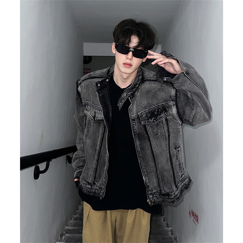 【自家图】美式毛边牛仔外套欧美街头垫肩复古短款夹克NT536P125，男装工装外套，星座301D-2(原星座1004-1）