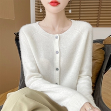 针织开衫女羊绒衫2025春季短款圆领纯色羊毛薄款外套宽松大码毛衣，女装羊毛衫，大美人高端店