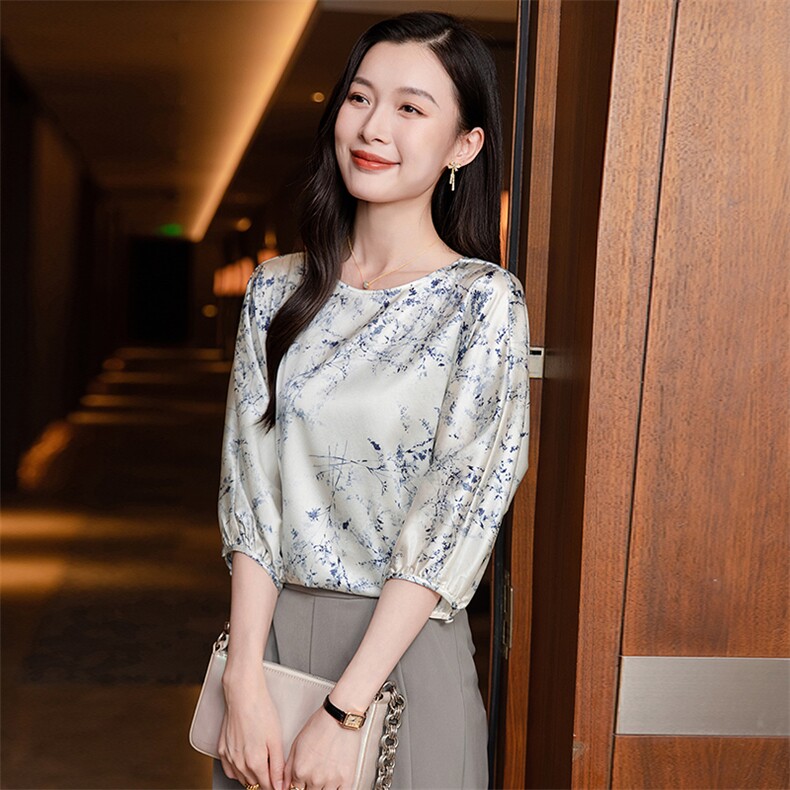 纯色真丝上衣女七分袖2026春夏宽松中袖中年妈妈装真丝T恤小衫,女装衬衫,阿舍尔精品