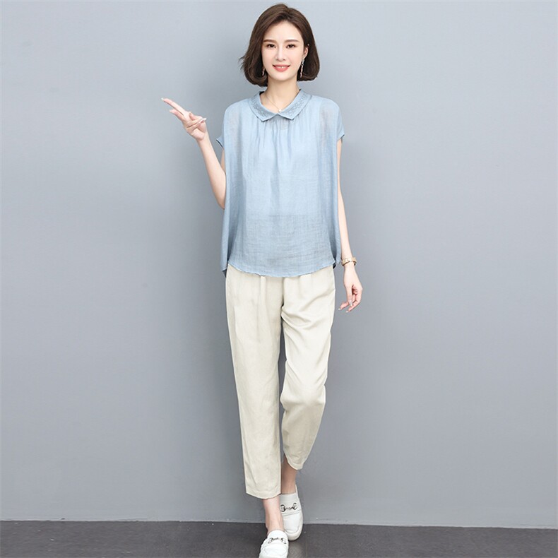 2022年夏装新款苎麻刺绣T恤衬衫女棉麻宽松九分裤套装,女装套装/套裙,忆绮罗