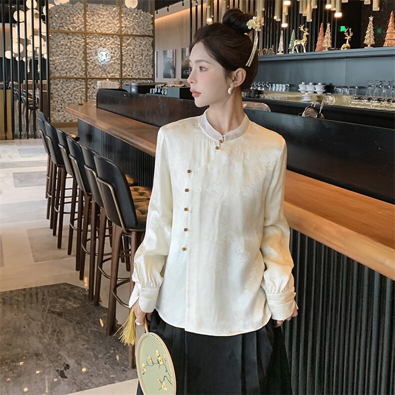 新中式轻风斜襟上衣缎面衬衣女款春秋古风立领衬衫女,女装衬衫,秀美人生