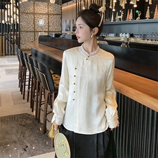 新中式轻风斜襟上衣缎面衬衣女款春秋古风立领衬衫女，女装衬衫，秀美人生