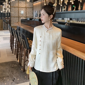 新中式轻风斜襟上衣缎面衬衣女款春秋古风立领衬衫女图片