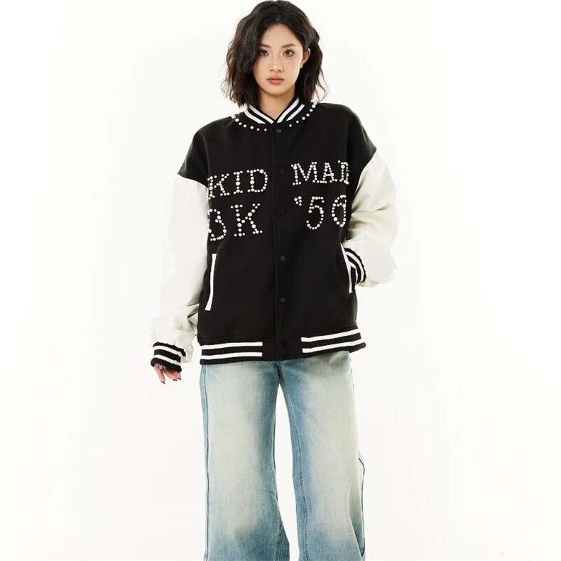 W9544-P78网图现货美式复古棒球服外套珍珠宽松百搭潮牌夹克,男装夹克,星座1608-2