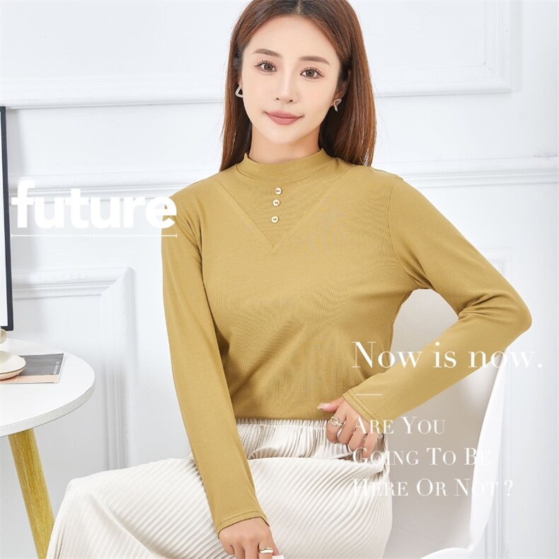 2024年秋冬季纯色半高领纽扣打底衫简约休闲长袖T恤时尚通勤上衣,女装T恤,君汇