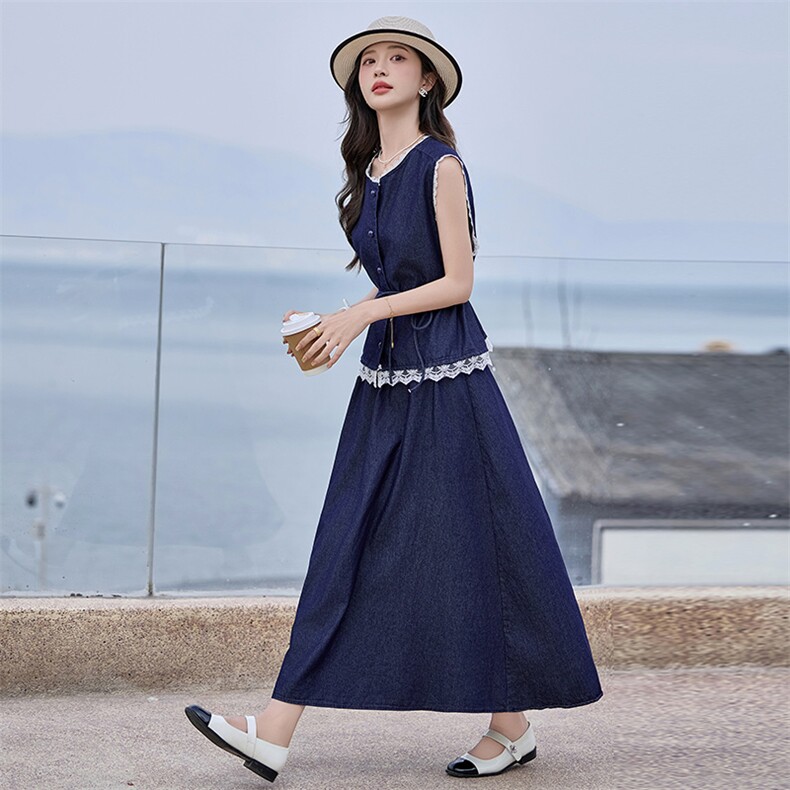 现货主推2025夏装新款水洗轻薄牛仔拼接蕾丝花边甜美气质两件套，女装套装/套裙，苗苗